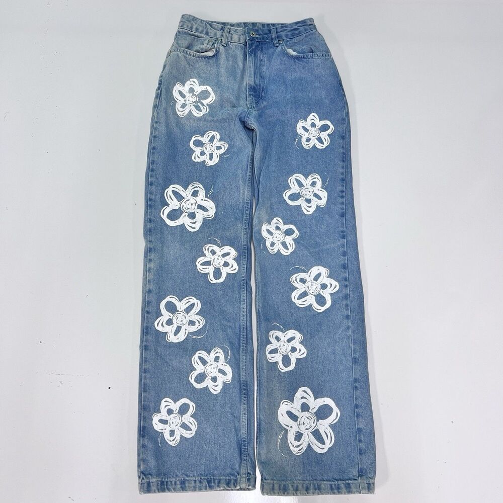 Ragged Jeans Painted Daisy Print Blue Denim Pants Size 30 Y2K Floral Streetwear